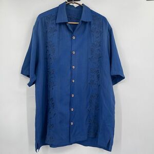Tommy Bahama Blue Hawaiian Floral Leaf Print Button Up Shirt Size Large